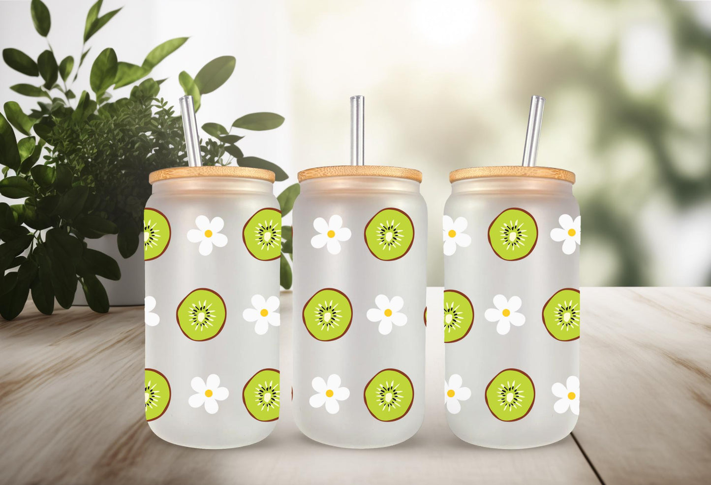 UVDTF Wrap Kiwi & Daisy for 16oz Can Glass Mug Tumbler, Ready to Apply, Permanent Waterproof Adhesive