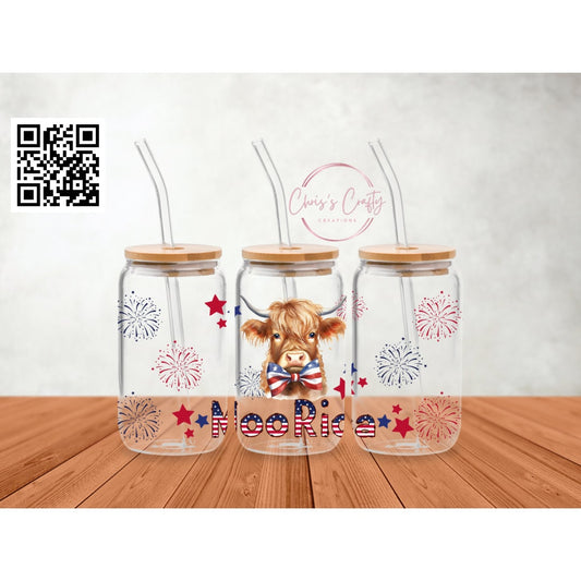 UVDTF Wrap Patriotic Boy Highland Cow for 16 oz can glass, mug, or tumbler, Ready to apply,  Permanent Waterproof adhesive