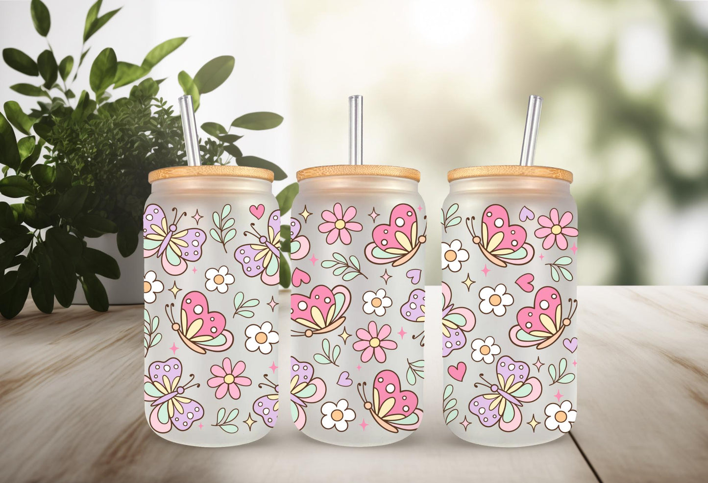 UVDTF Wrap Butterfly Daisy 16oz Can Glass Mug Tumbler, Butterfly Wrap, Ready to apply, Permanent Waterproof Adhesive