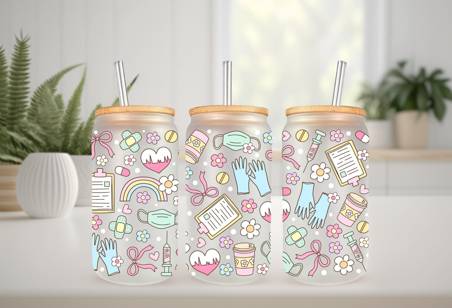 UVDTF Wrap Pastel Medical Bow 16oz Can Glass Mug Tumbler, Healthcare Wrap, Ready to Apply, Permanent Waterproof Adhesive