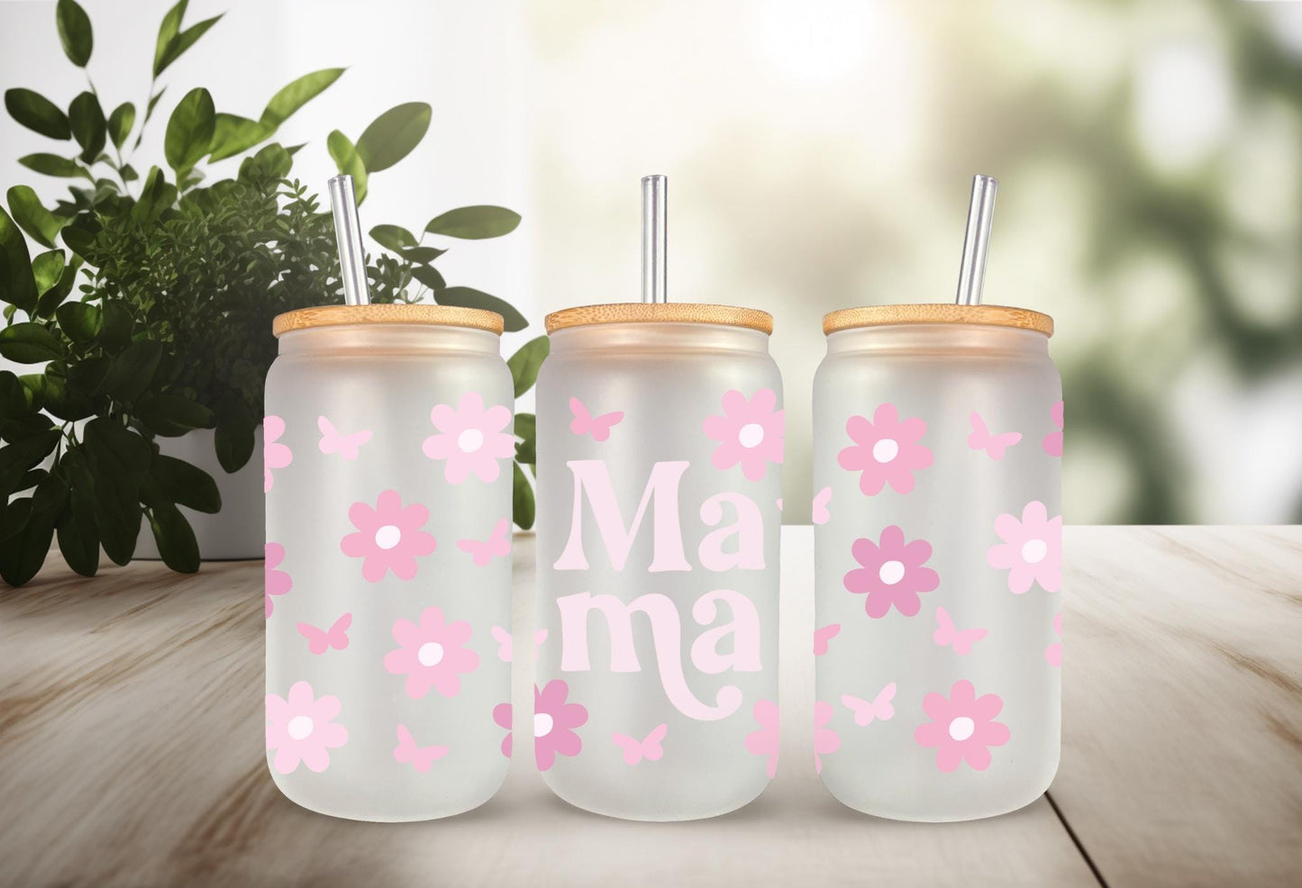 UVDTF Wrap Mama Floral Butterfly 16oz Can Glass Mug Tumbler, Ready to Apply, Permanent Waterproof Adhesive, Mom Gift