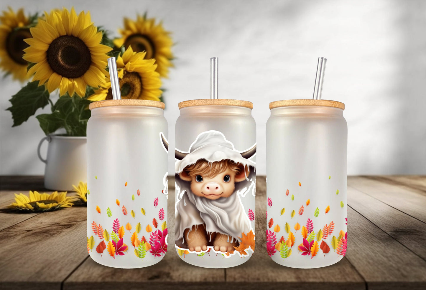 UVDTF Wrap Ghost Cow Floral 16oz Can Glass, Mug, Tumbler, Halloween Wrap, Double Sided Print Option, Ready to Apply, Permanent Adhesive