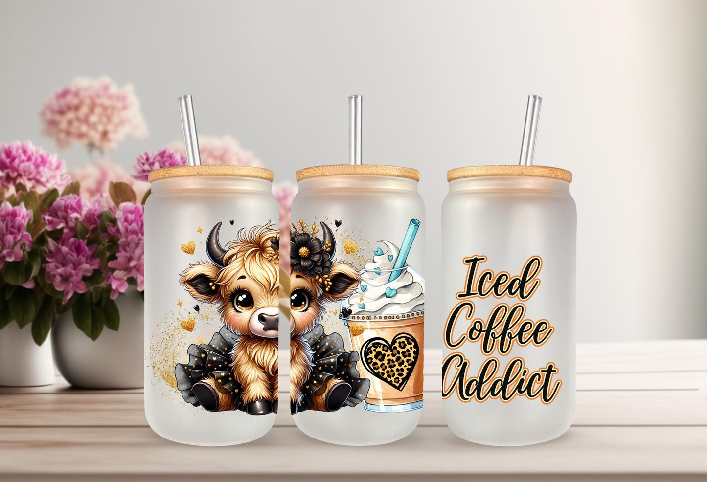 UVDTF Wrap Highland Cow Tutu Coffee Addict Leopard 16oz Can Glass Mug Tumbler Wrap, Ready to apply, Permanent Waterproof Adhesive