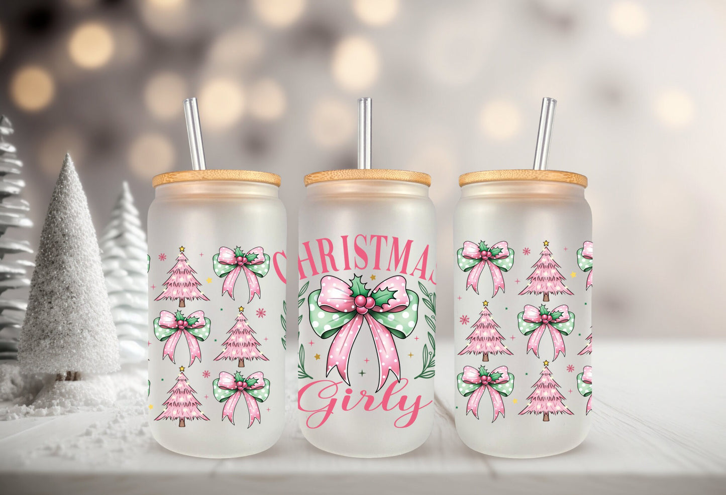 UVDTF Wrap Christmas Girly Coquettes Bows 16oz Can Glass, Mug,  40oz  Tumbler, Ready to apply, Christmas Wrap, Pink Green Wrap