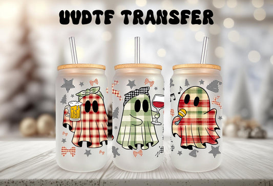 UVDTF Wrap Plaid Drinking Ghosts 16oz Can Glass, Mug,  40oz  Tumbler, Halloween Ghost Wrap, Ready to apply, Permanent Adhesive
