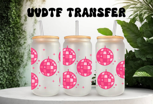 UVDTF Wrap Pink Disco Ball  16 oz Can Glass Mug Tumbler, Ready to apply, Permanent Waterproof Adhesive, Add on a Can Glass