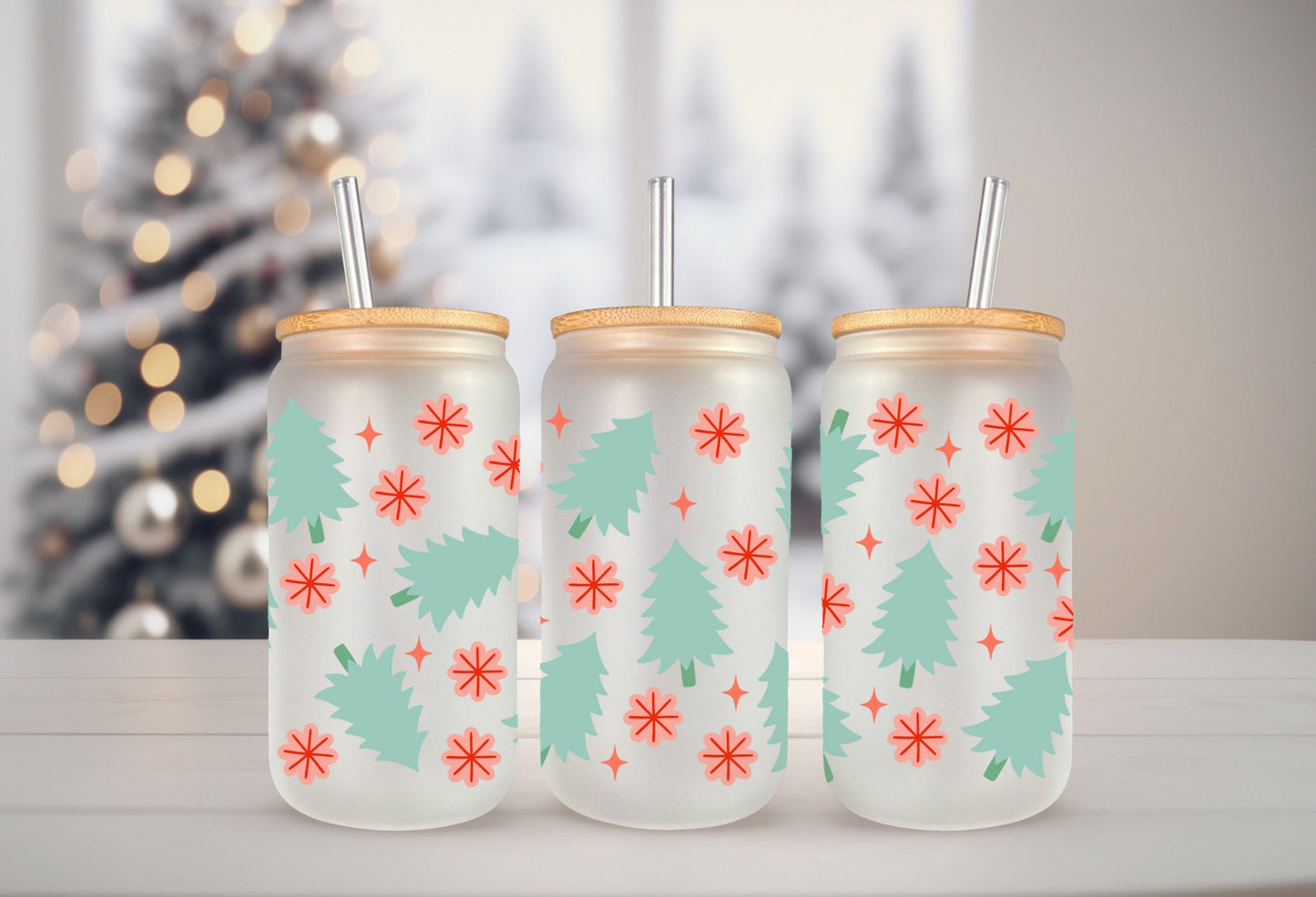 UVDTF Wrap Christmas Tree Snowflakes for 16oz Can Glass Mug Tumbler, Ready to apply, Waterproof Permanent Adhesive