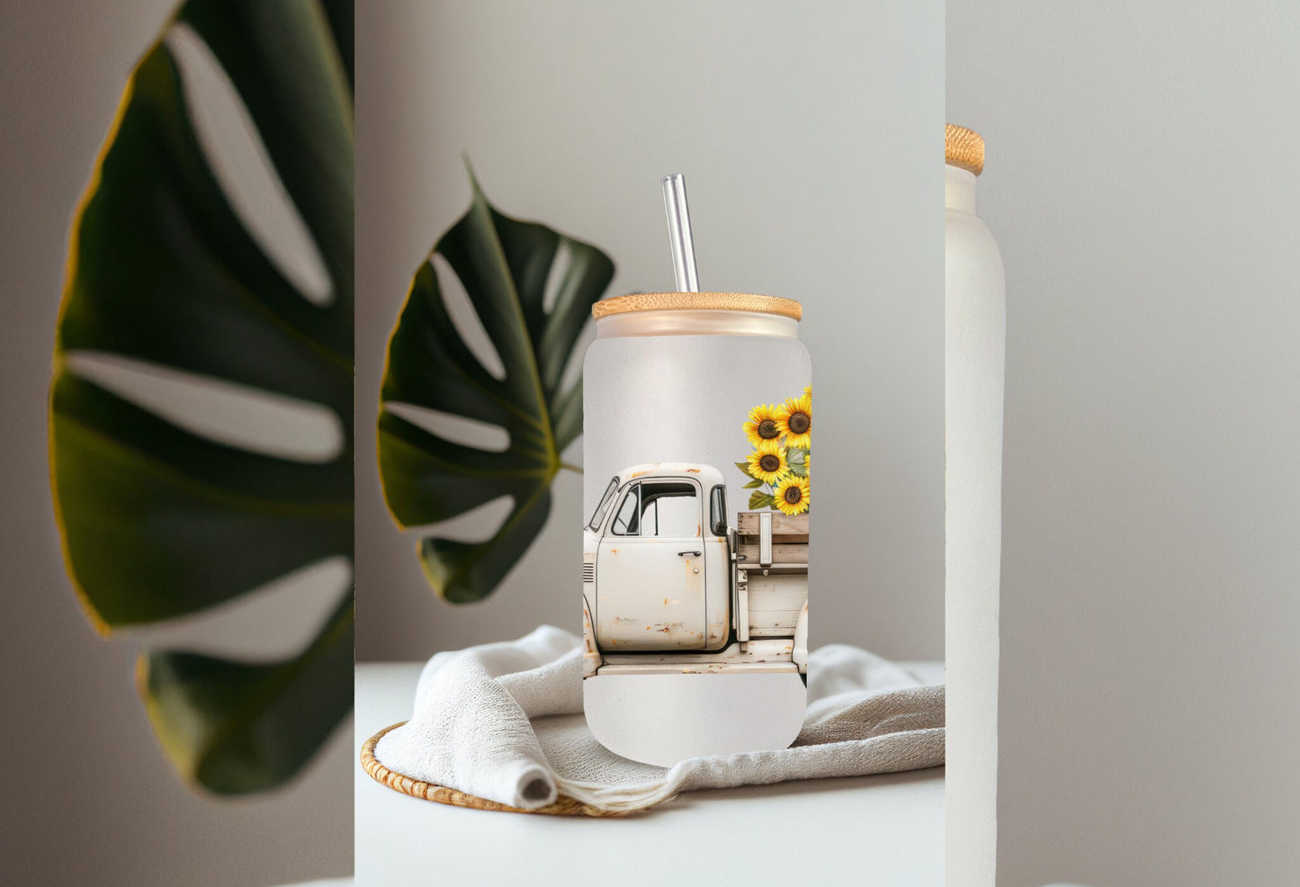 UVDTF Wrap Sunflower Vintage Truck Fall 16 oz Can Glass, Mug, Tumbler, Double Sided Print Option, Ready to Apply, Permanent Adhesive
