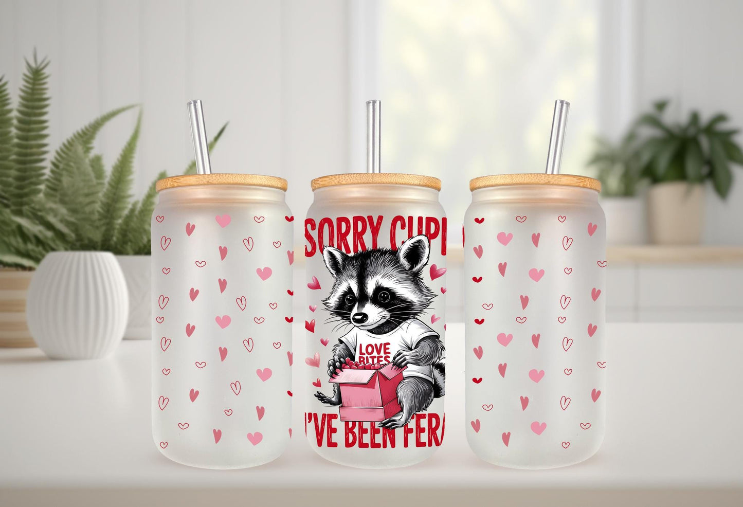 UVDTF Wrap Valentine Racoon Sorry I've Been Feral 16oz Can Glass Mug Tumbler, Racoon Wrap, Ready to Apply, Permanent Waterproof Adhesive