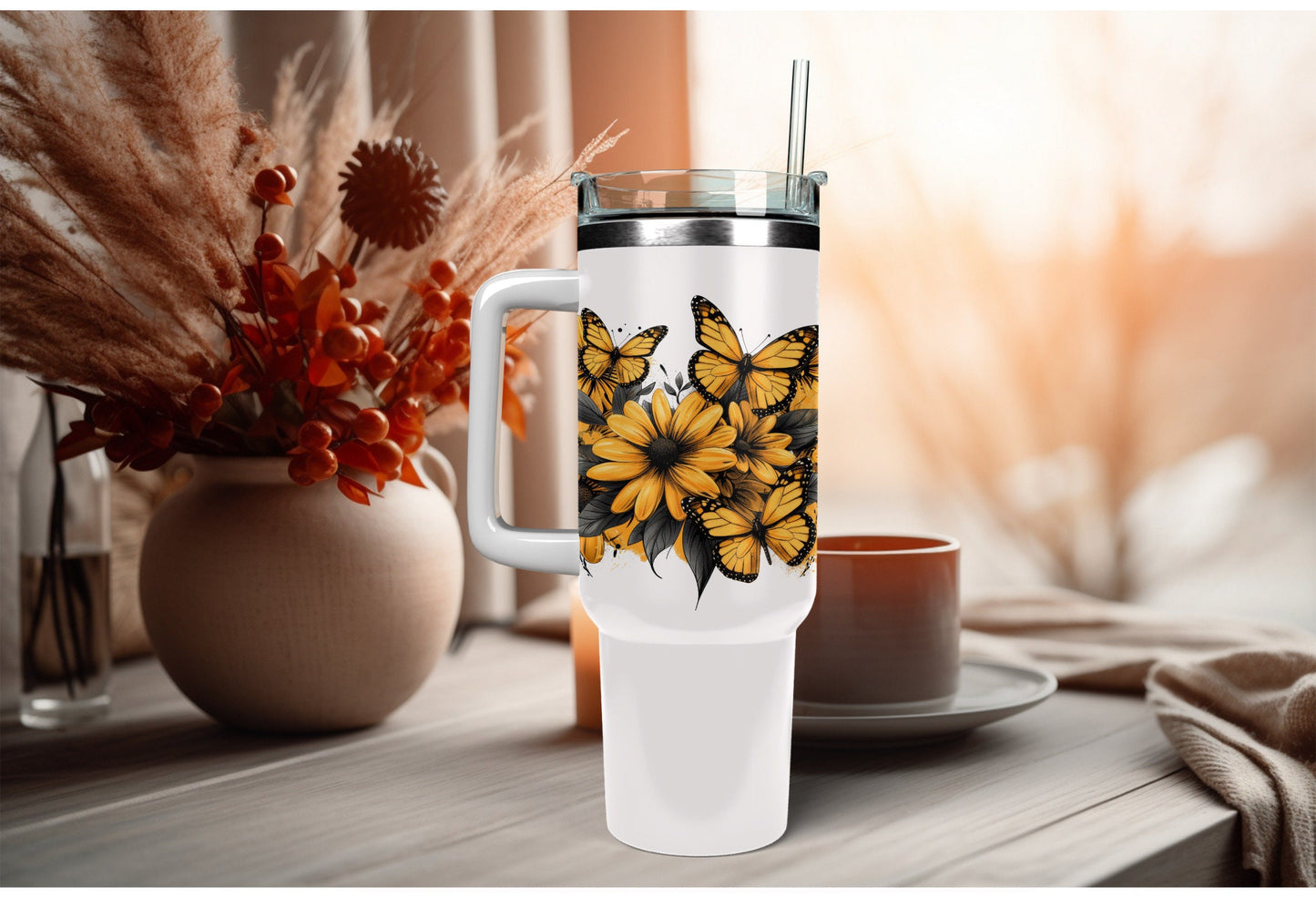 UVDTF Wrap Yellow Daisies Butterflies 16oz Can Glass Mug Tumbler Wrap, Ready to apply, Permanent Adhesive, Double sided option