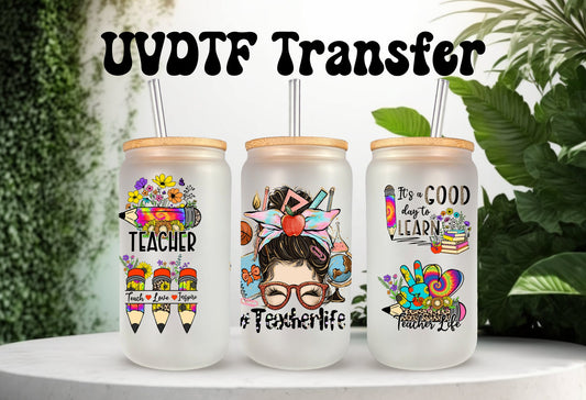 UVDTF Wrap Teacher Life for 16oz Can Glass, Mug, or Tumbler, Teach Coffee Repeat , Teacher Love Inspire, Ready to Apply, Permanent Waterproof Adhesive