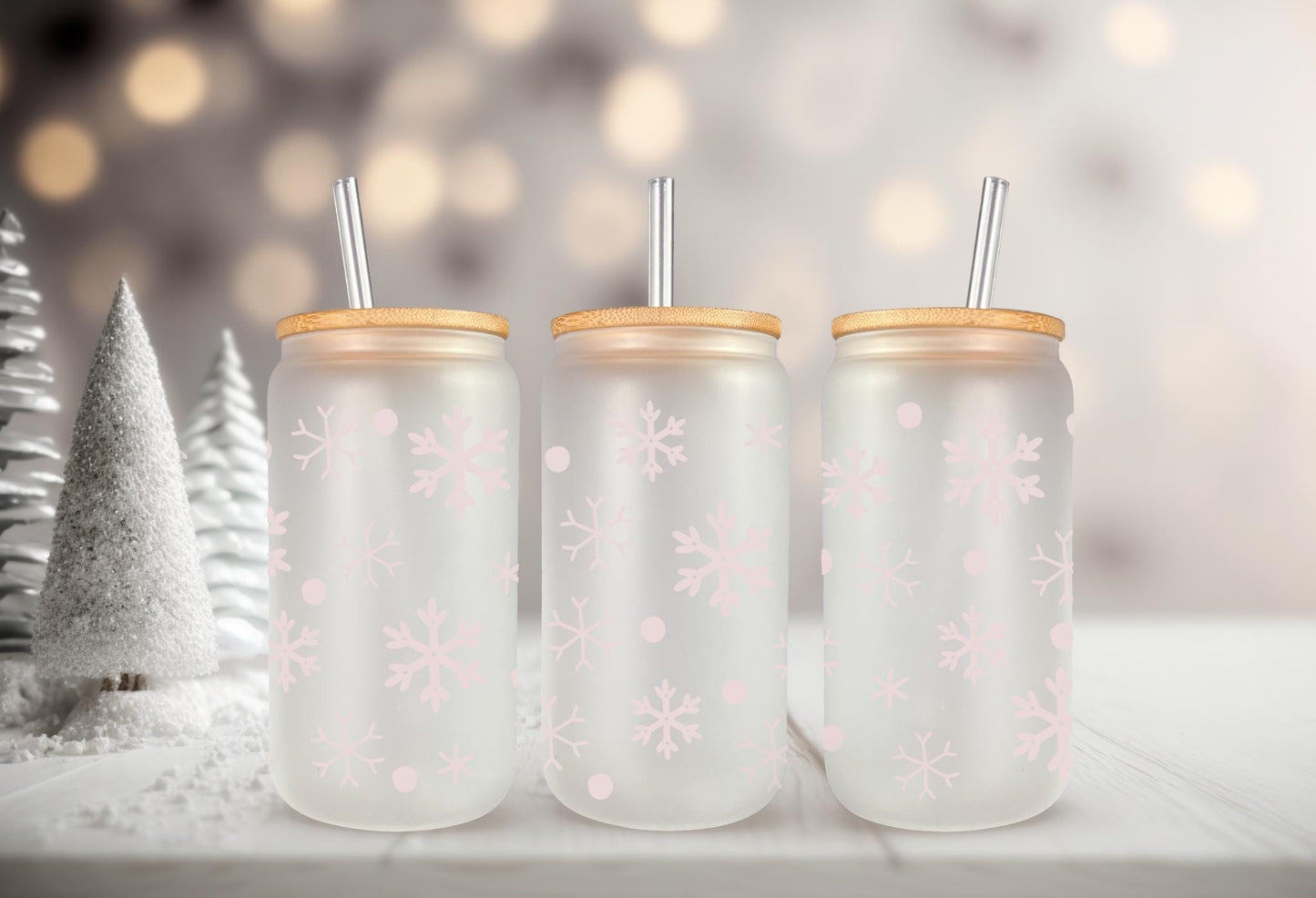 UVDTF Wrap Pink Snowflakes 16oz Can Glass Mug Tumbler. Winter Wrap, Ready to Apply, Permanent Waterproof Adhesive, Double Sided Print