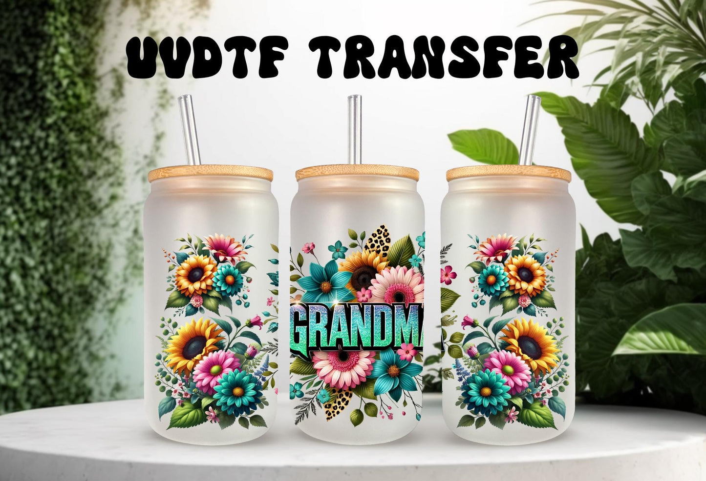 UVDTF Wrap Floral Grandma for 16oz Can Glass Mug Tumbler, Grandmother Wrap, Ready to Apply, Permanent Waterproof Adhesive
