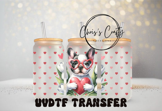 UVDTF Wrap French Bull Dog Valentine Hearts for 16oz Can Glass Mug Tumbler, Dog Mom, Ready to Apply, Permanent Waterproof Adhesive