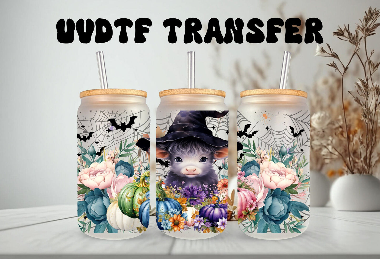 UVDTF Wrap Cow Witch Blue Floral Pumpkin 16oz Can Glass, Mug, Tumbler, Ready to Apply, Permanent Waterproof Adhesive