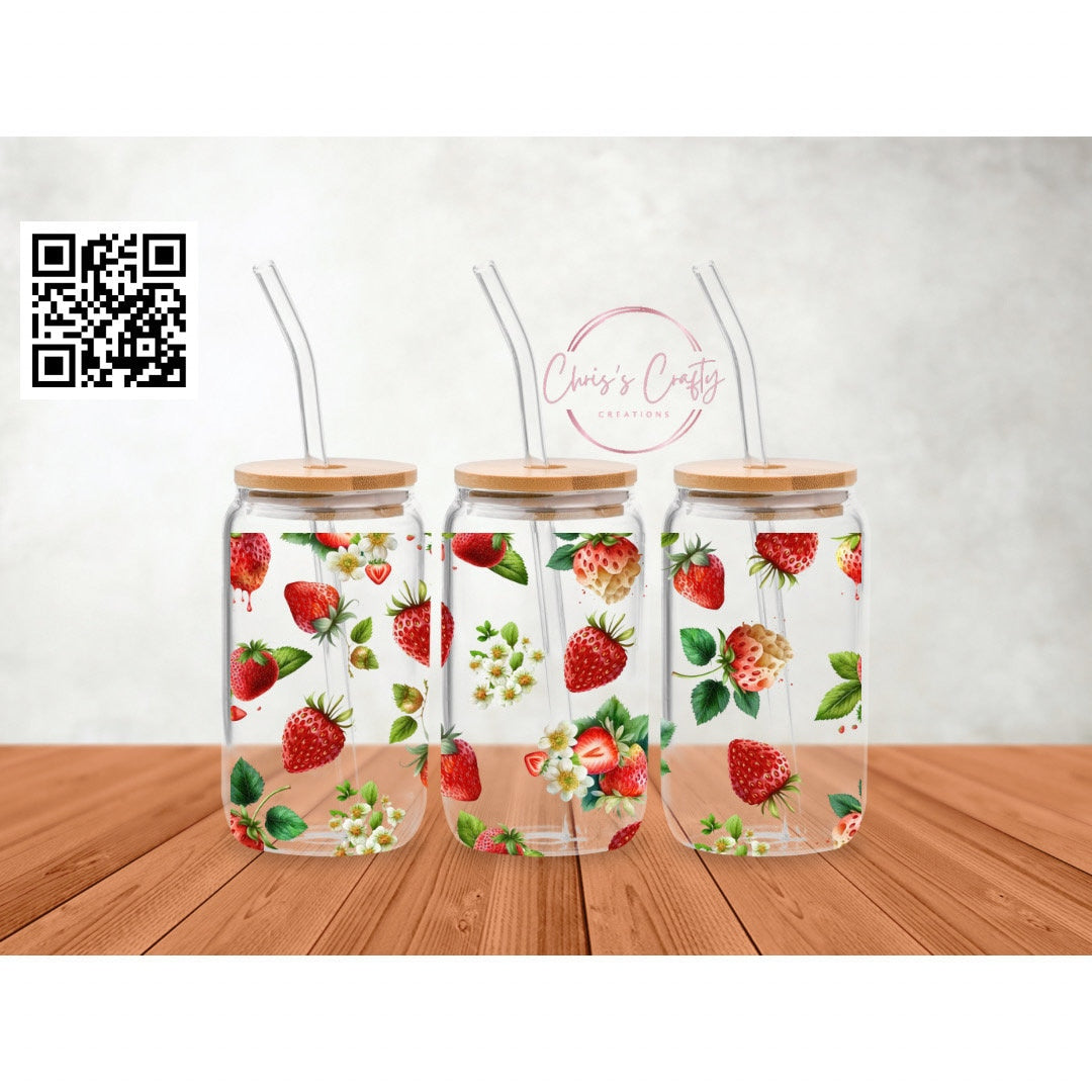 UVDTF Wrap Strawberry for 16oz Can Glass Mug Tumbler, Ready to Apply, Permanent Waterproof Adhesive