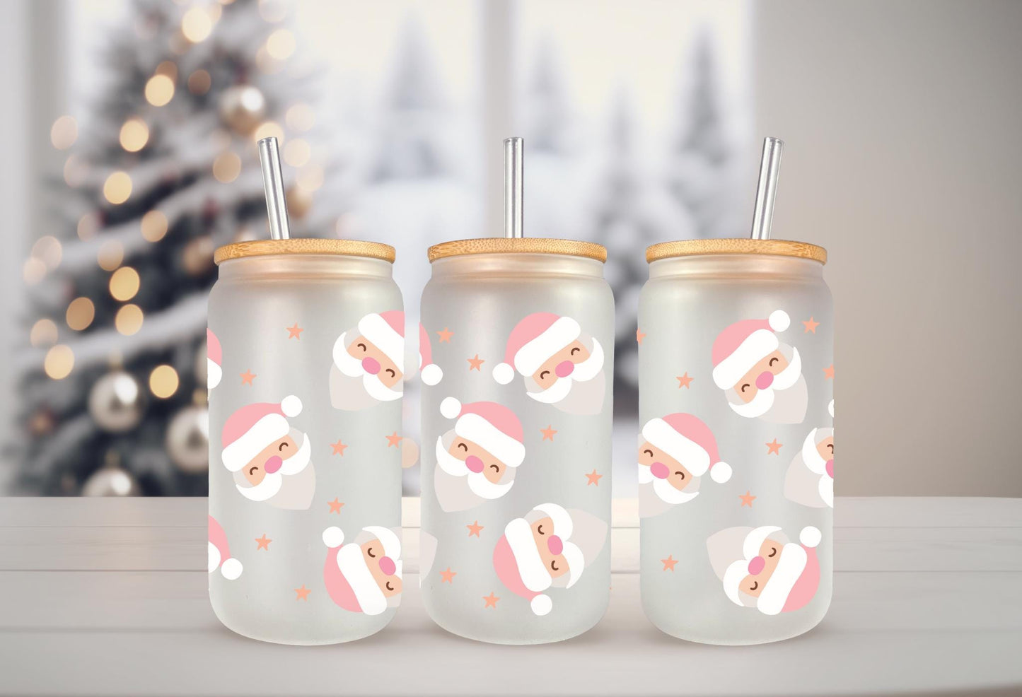 UVDTF Wrap Pastel Santa Claus 16oz Can Glass Mug Tumbler. Winter Wrap, Ready to Apply, Permanent Waterproof Adhesive, Double Sided Print