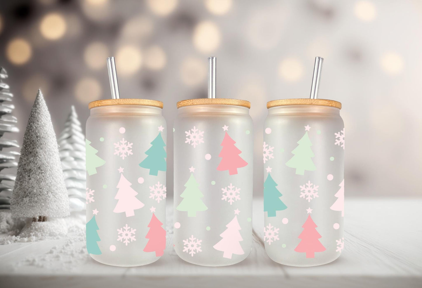 UVDTF Wrap Pastel Trees Snowflakes for 16oz Can Glass Mug Tumbler, Ready to Apply, Permanent Waterproof Adhesive