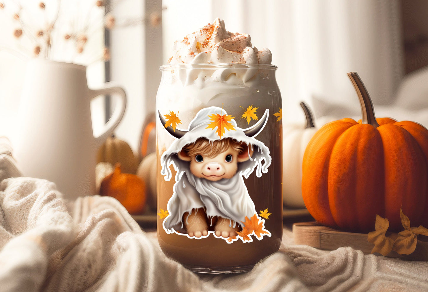 UVDTF Wrap Ghost Cow Leaves 16oz Can Glass, Mug, Tumbler, Ready to Apply, Permanent Waterproof Adhesive