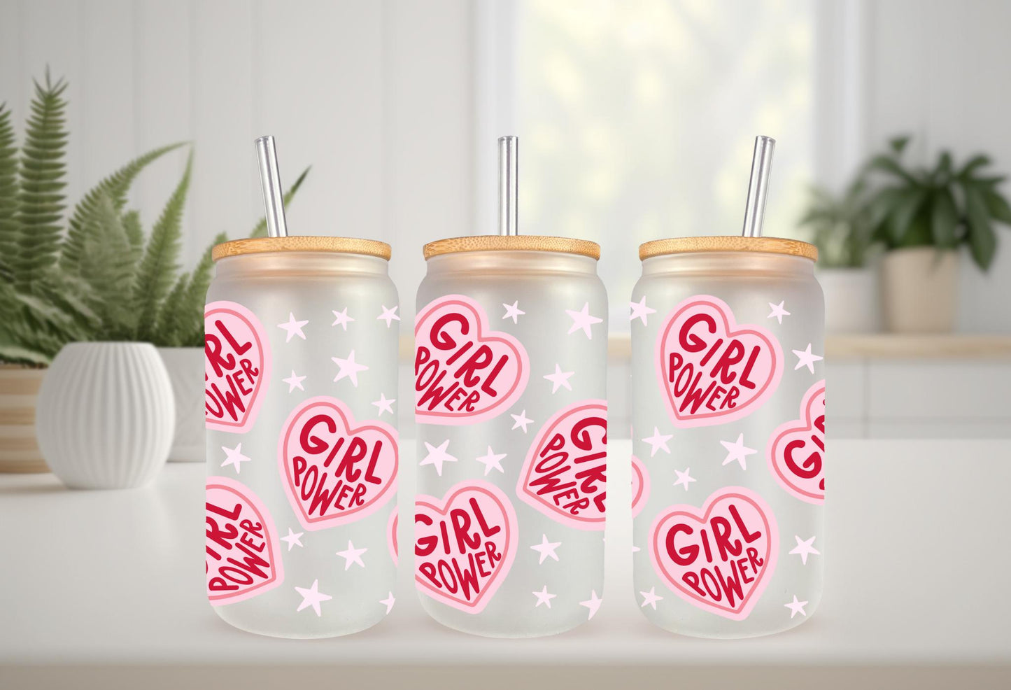 UVDTF Wrap Hearts Girl Power 16oz Can Glass Wrap Mug Tumbler, Ready to Apply, Permanent Waterproof Adhesive