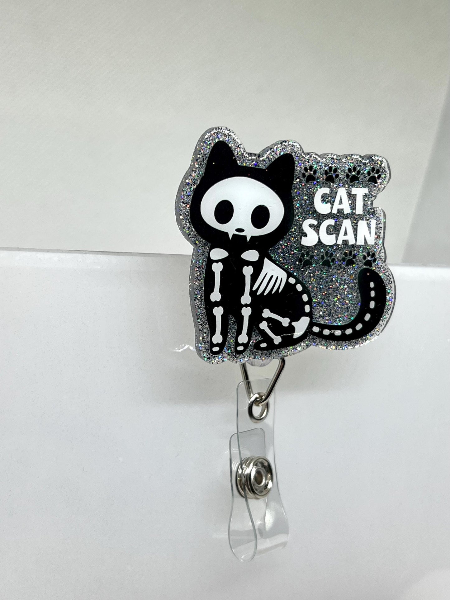 Funny CAT SCAN Badge Reel – Black Cat Skeleton Design with Glittery Paw Print Background, ID Holder for Professionals