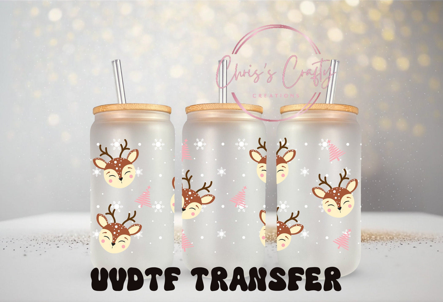 UVDTF Wrap Cute Reindeer for 16oz Can Glass Mug Tumbler, Ready to Apply,  Permanent Waterproof Adhesive