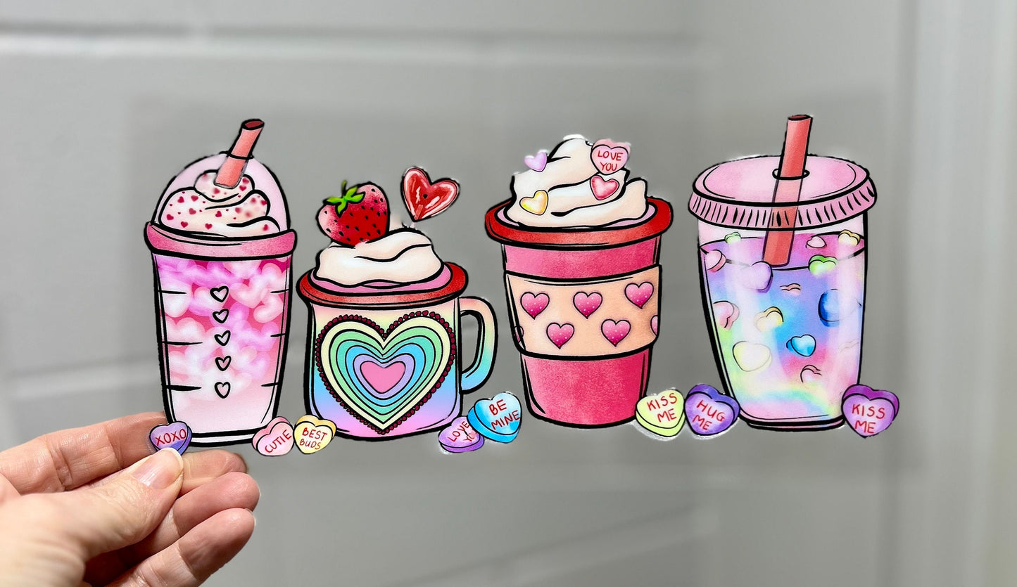 UVDTF Wrap Pink Valentines Iced Coffee Latte 16oz Can Glass Mug Tumbler, Ready to Apply, Permanent Waterproof Adhesive, Double Sided Options