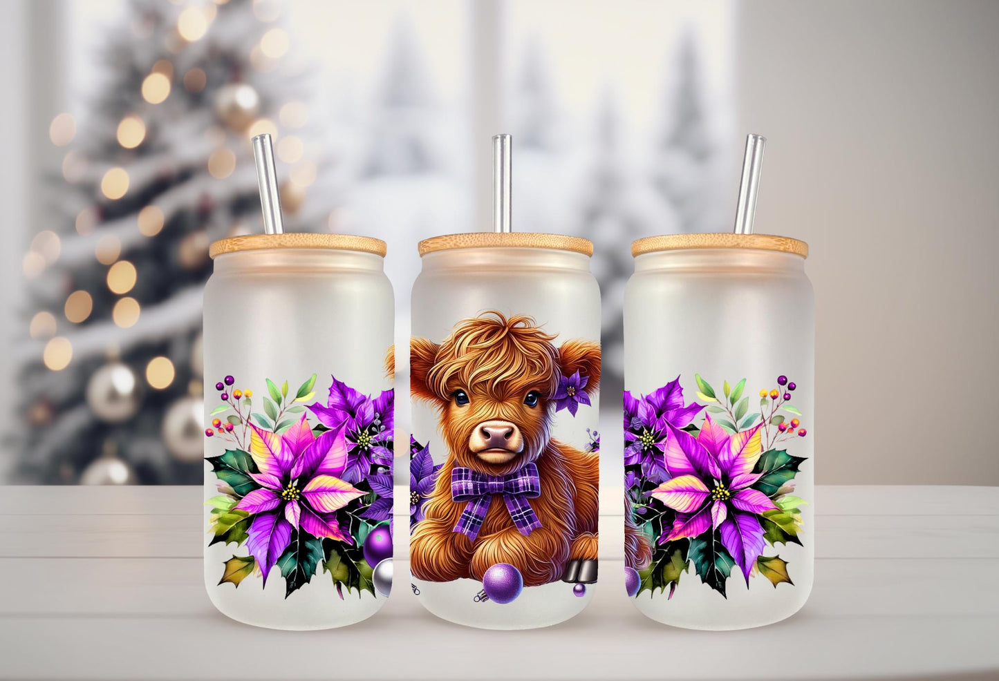 UVDTF Wrap Highland Cow Poinsettias Ornaments Purple 16oz Can Glass Mug Tumbler, Ready to Apply, Permanent Waterproof Adhesive