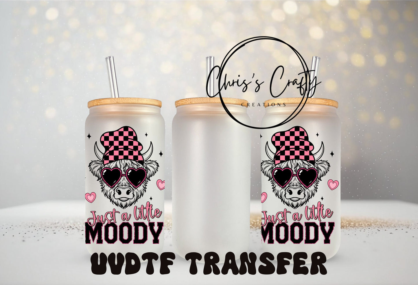 UVDTF Wrap Highland Cow 16oz Can Glass Mug Tumbler, Pink Checkered Just a Little Moody, Ready to Apply, Permanent Waterproof Adhesive