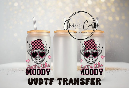 UVDTF Wrap Highland Cow 16oz Can Glass Mug Tumbler, Pink Checkered Just a Little Moody, Ready to Apply, Permanent Waterproof Adhesive