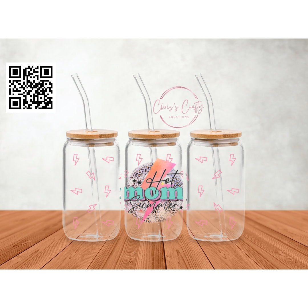 UVDTF Wrap Hot Mom Summer Lightning Bolt 16oz Can Glass Mug Tumbler, Ready to apply, Permanent Waterproof Adhesive