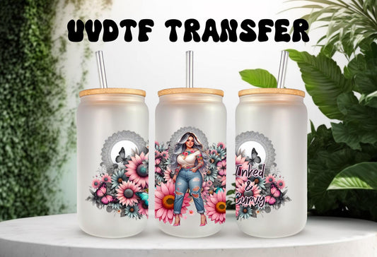 UVDTF Wrap Floral Butterfly Inked Curvy 16oz Can Glass Wrap Mug Tumbler, Inked Girl Wrap, Ready to Apply, Permanent Waterproof Adhesive