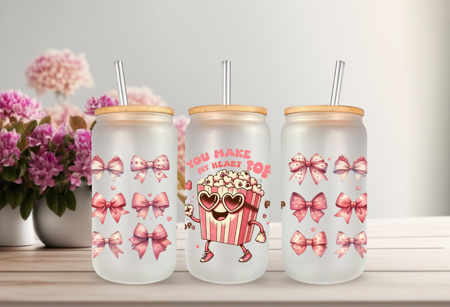 UVDTF Wrap Valentine’s Heart Pop Popcorn 16oz Can Glass Mug Tumbler, Valentine wrap, Ready to Apply, Permanent Waterproof Adhesive
