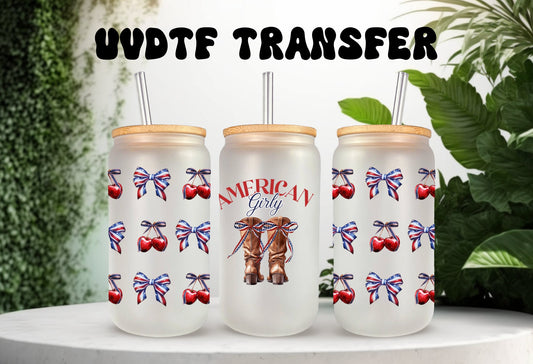 UVDTF Wrap America Girl Coquette Cherries for 16oz Can Glass Mug Tumbler, Ready to apply, Permanent Adhesive Waterproof, Bundle and Save