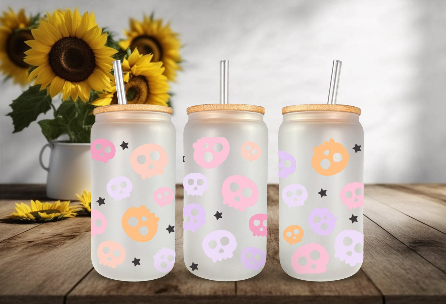 UVDTF Wrap Colorful Skull  for 16oz Can Glass, Mug, or Tumbler, Halloween Candy, Ready to apply, Permanent Adhesive Waterproof