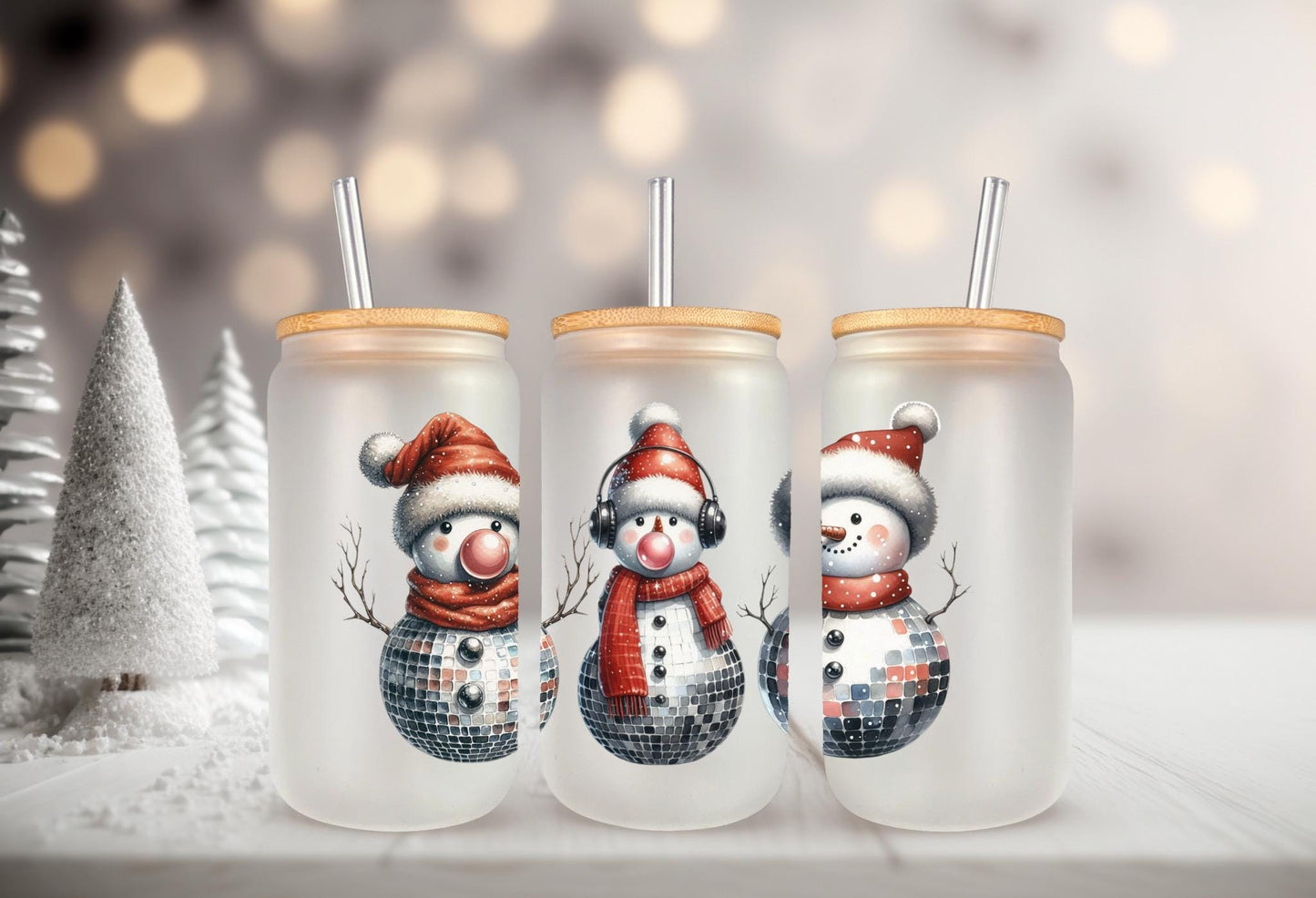 UVDTF Wrap Disco Snowmen 16oz Can Glass Mug Tumbler, Ready to apply, Permanent Waterproof Adhesive
