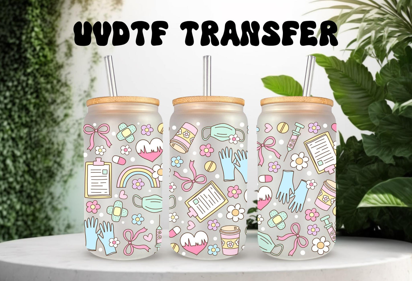 UVDTF Wrap Pastel Medical Bow 16oz Can Glass Mug Tumbler, Healthcare Wrap, Ready to Apply, Permanent Waterproof Adhesive