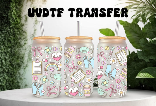 UVDTF Wrap Pastel Medical Bow 16oz Can Glass Mug Tumbler, Healthcare Wrap, Ready to Apply, Permanent Waterproof Adhesive