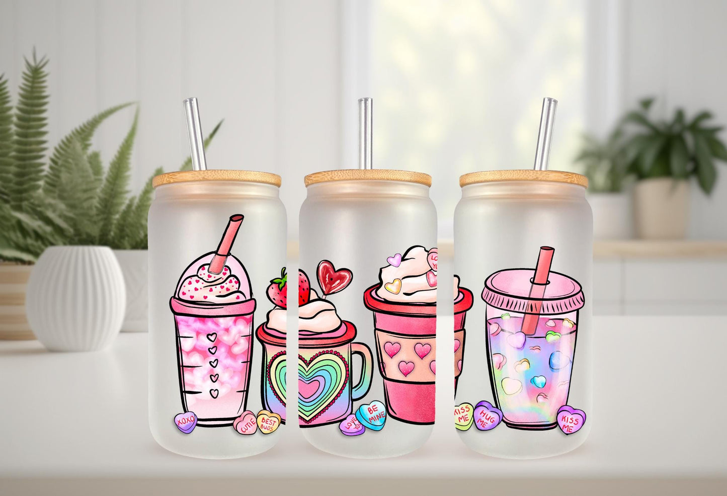 UVDTF Wrap Pink Valentines Iced Coffee Latte 16oz Can Glass Mug Tumbler, Ready to Apply, Permanent Waterproof Adhesive, Double Sided Options