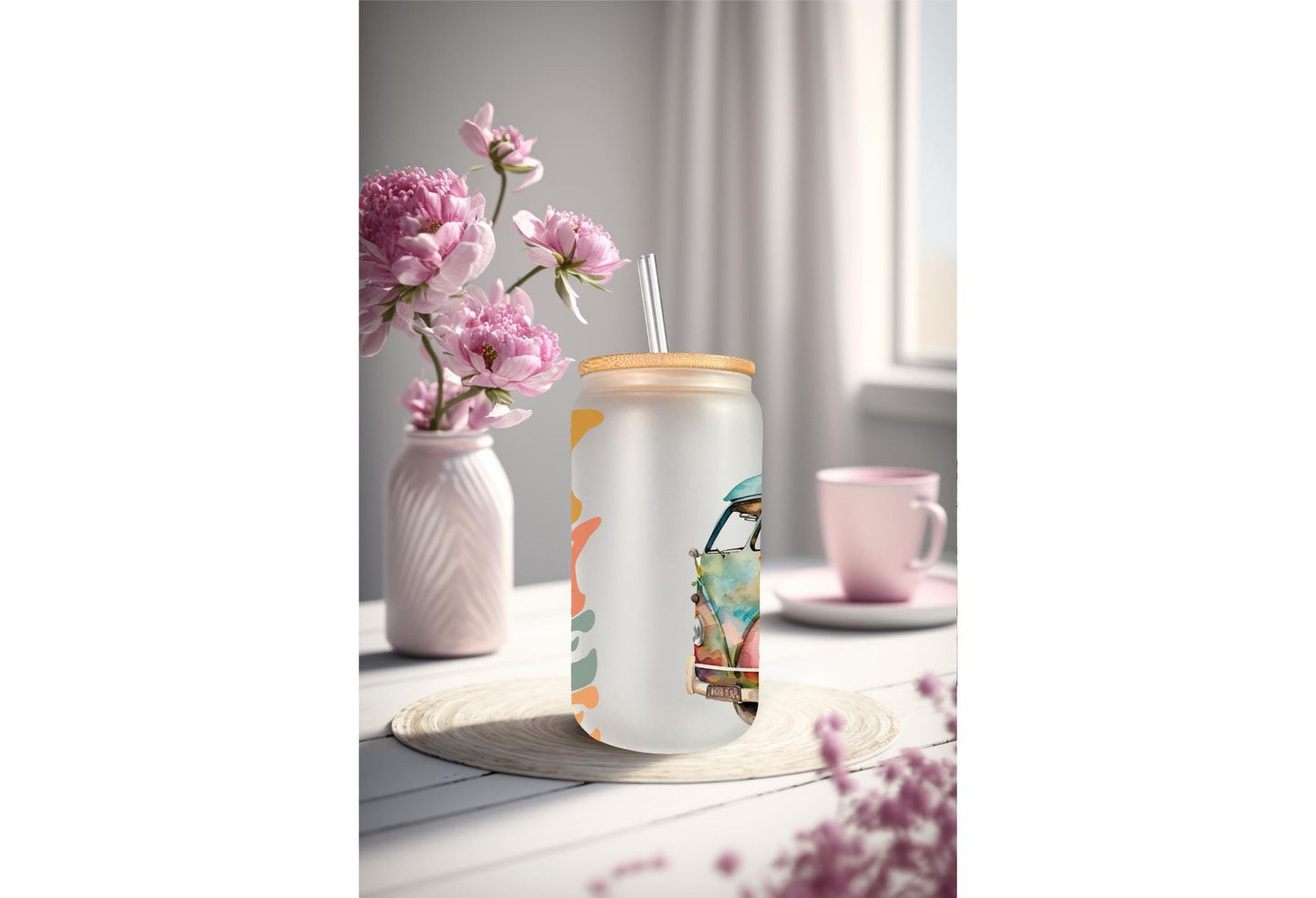 UVDTF Wrap Retro Stay Trippie Little Hippie Van 16oz Can Glass Mug Tumbler, Ready to apply, Permanent Waterproof Adhesive