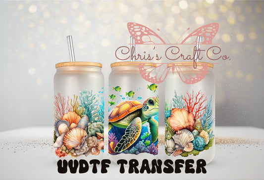 UVDTF Wrap Sea Turtle Seashells 16 oz Can Glass Mug Tumbler, Ready to apply, Permanent Adhesive Waterproof, Add on a Cup