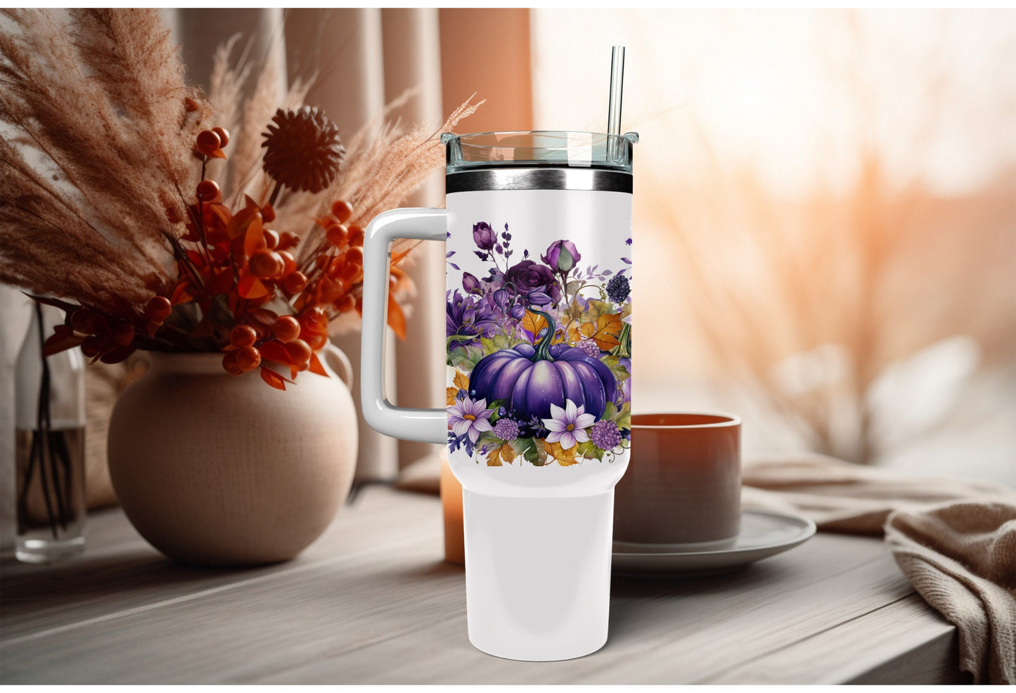 UVDTF Wrap Fall Pumpkin Purple Floral 16oz Can Glass  Mug Tumbler Wrap, Ready to apply, Permanent Adhesive, Double sided option