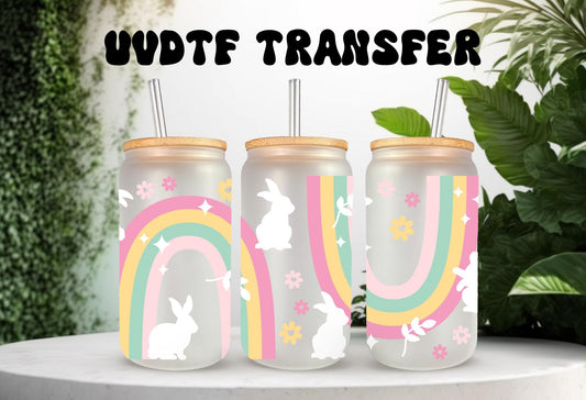 UVDTF Wrap Bunny Rainbow for 20oz Can Glass Mug Tumbler, Easter Wrap Ready to Apply, Permanent Waterproof Adhesive, Double Sided Print Option