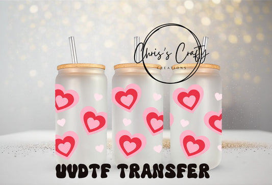 UVDTF Wrap Valentines Love Hearts Pink Red 16oz Can Glass Mug Tumbler, Ready to Apply, Permanent Waterproof Adhesive