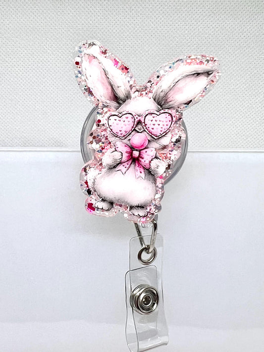 Adorable Bunny Badge Reel – Glitter Heart Glasses and Pink Design for ID Holders
