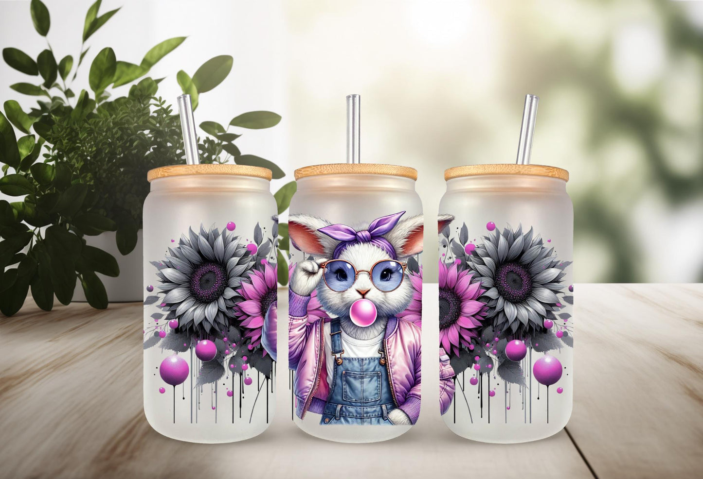 UVDTF Wrap Floral Bunny Bubble Gum 16oz Can Glass Mug Tumbler, Purple Easter Wrap, Ready to Apply, Permanent Waterproof Adhesive
