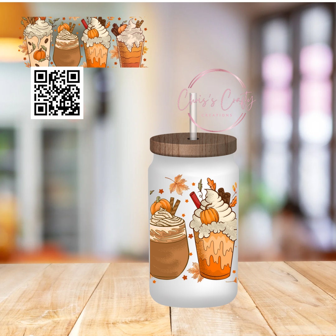 UVDTF Wrap Pumpkin Iced Coffee for 16oz Can Glass Mug Tumbler, Ready to apply, Permanent Waterproof Adhesive