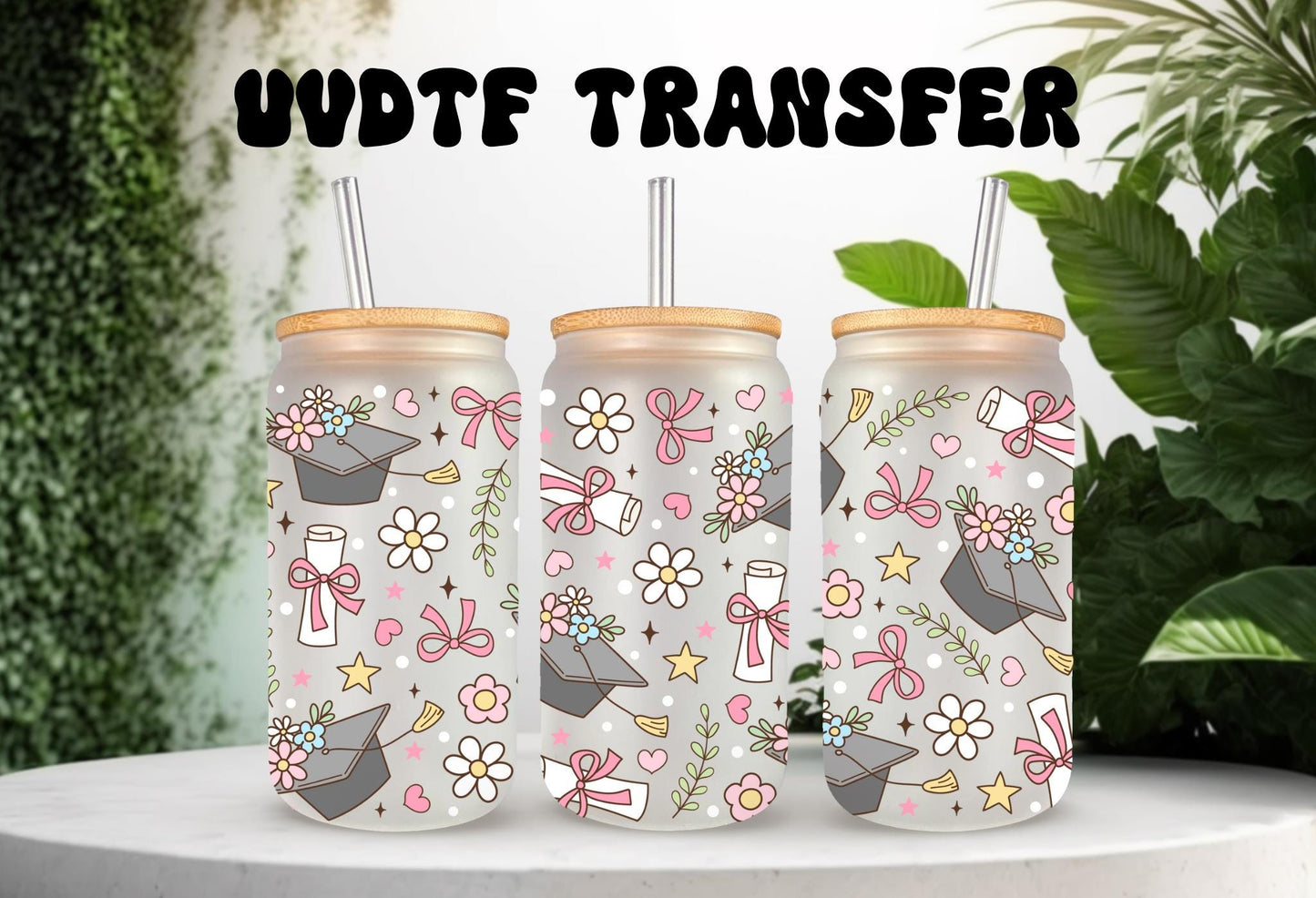 UVDTF Wrap Floral Graduation Caps 16oz Can Glass Mug Tumbler, Graduation Wrap, Ready to apply, Permanent Waterproof Adhesive