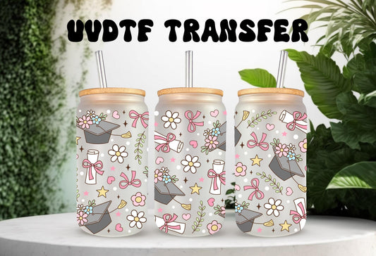 UVDTF Wrap Floral Graduation Caps 16oz Can Glass Mug Tumbler, Graduation Wrap, Ready to apply, Permanent Waterproof Adhesive