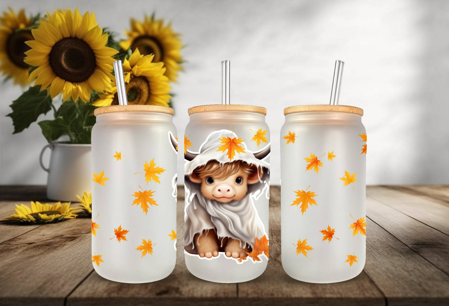 UVDTF Wrap Ghost Cow Leaves 16oz Can Glass, Mug, Tumbler, Ready to Apply, Permanent Waterproof Adhesive